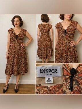 Kasper Size 14 Mosaic Floral Midi Dress — Rosette Brooch, Lined